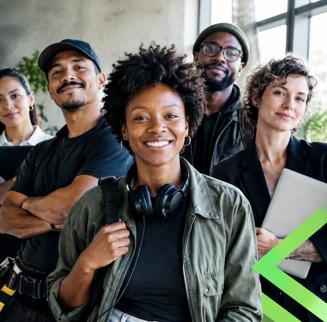 A diverse crew of five workers smiling at the camera, one wearing headphones and another a tool belt